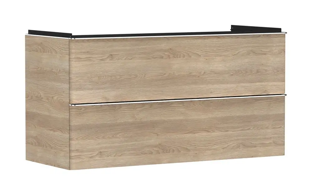 Waschtischunterschrank in Holzoptik von Hansgrohe mit zwei Schubkästen. Der Schrank hat eine glatte Oberfläche und eine schlichte, praktische Bauweise.